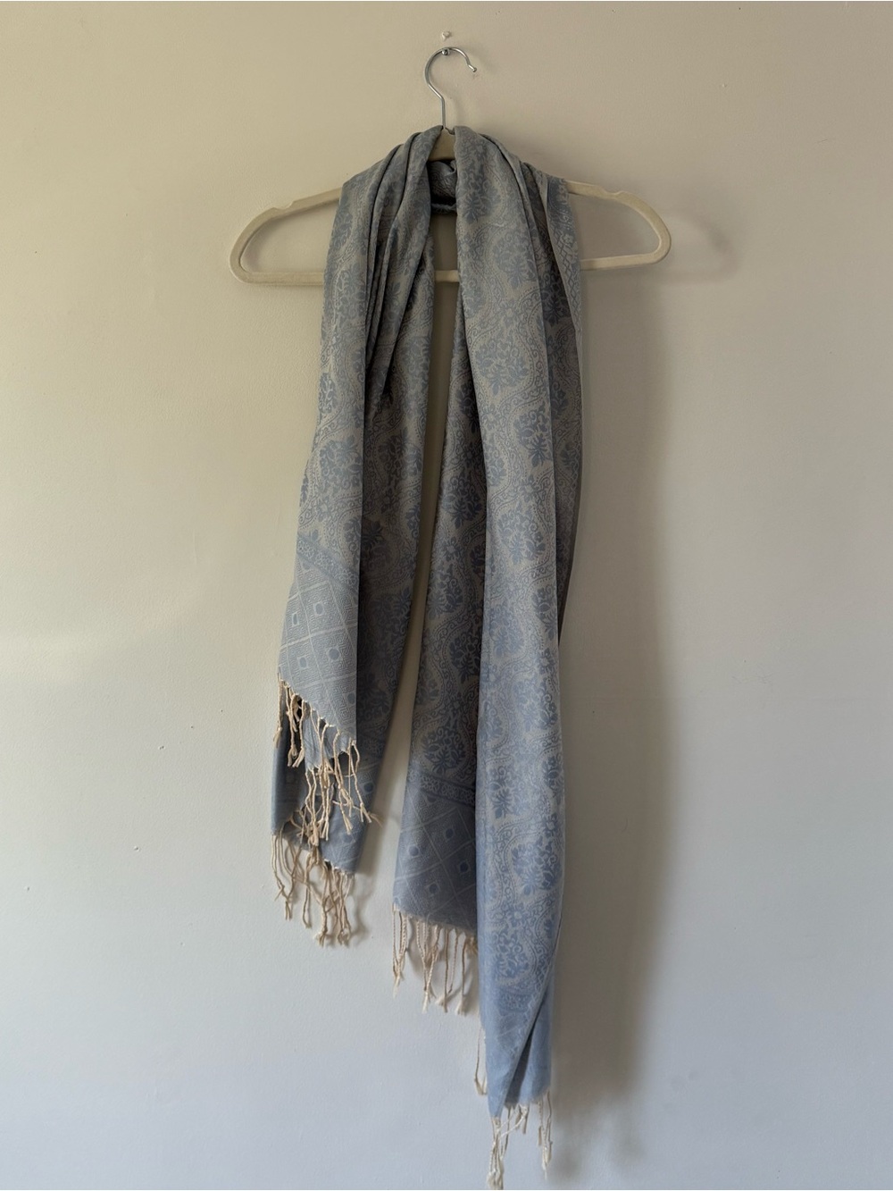 100% Cashmere Light Blue Paisley Pashmina Scarf Wrap Shawl | Fringe Soft Luxury